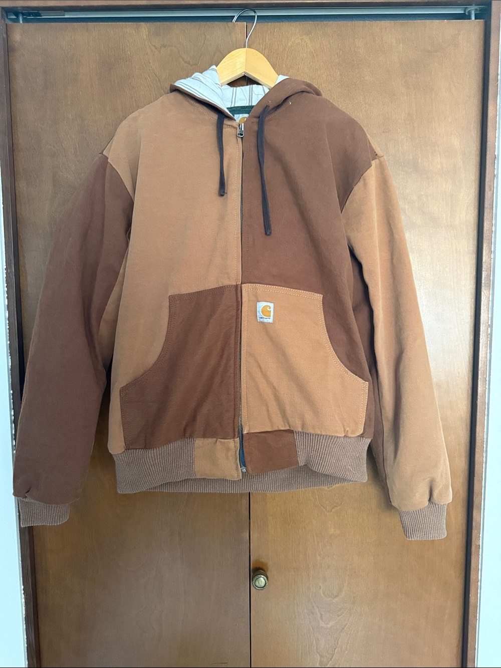 Carhartt Two-Tone Brown Patchwork Hooded Zip Jacket